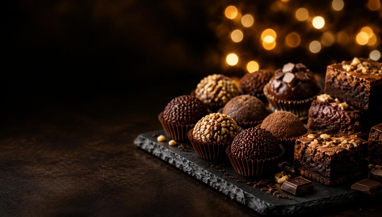 Seleção de brigadeiros, trufas e brownies