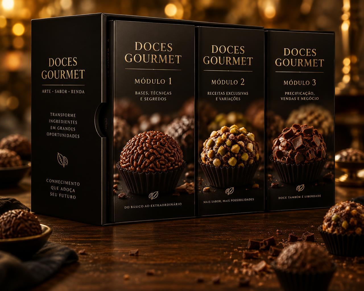 Box com os três módulos da coleção Doces Gourmet cercado de brigadeiros